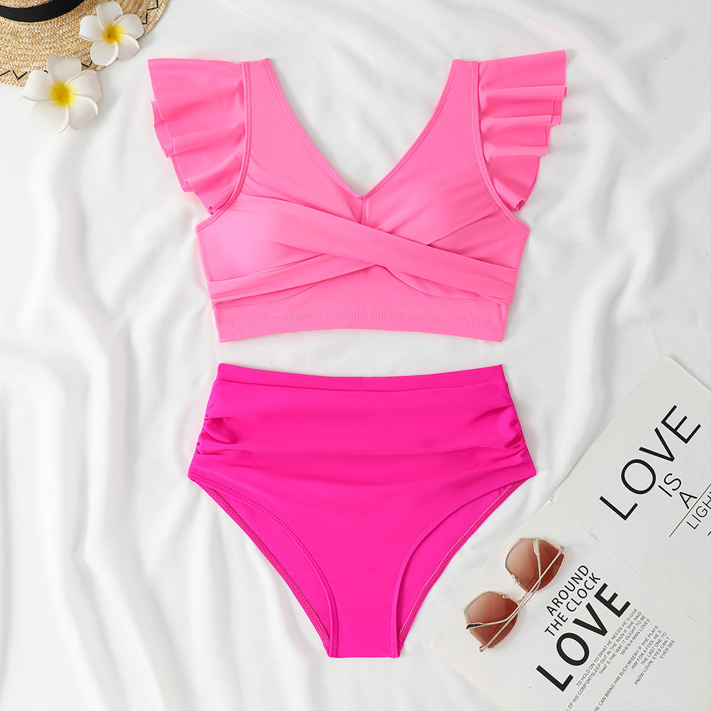 Split High Waist V-neck Ruffled Bikini Swimsuit - Image 6