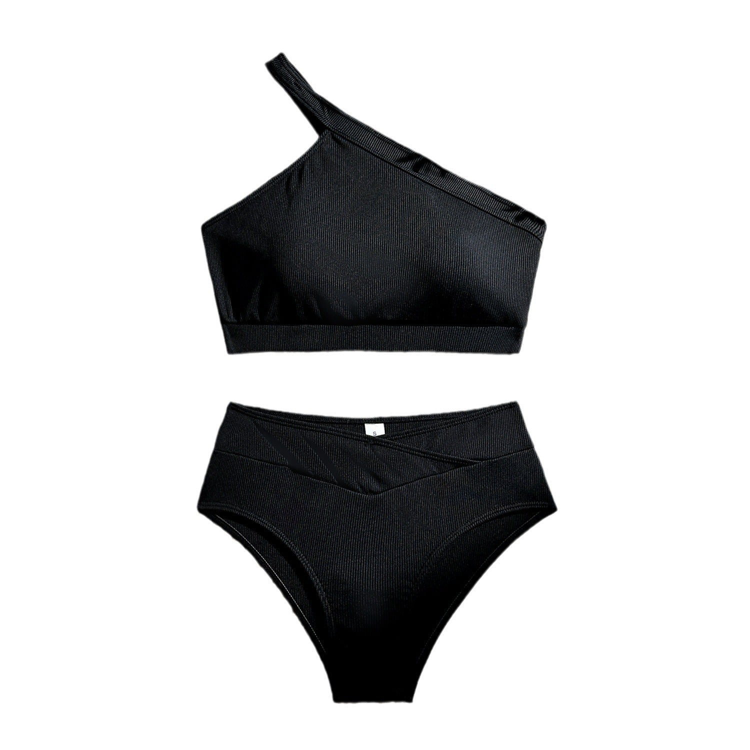 One-shoulder Split Sunken Stripe High Waist Swimsuit - Image 5