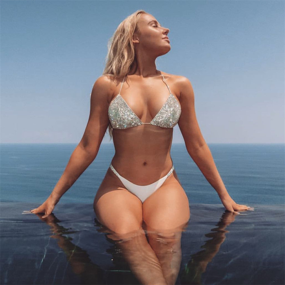 Solid Color Diamond-studded Bikini Split Swimsuit - Image 2