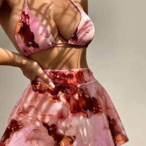 Drawstring Ladies Marble Print Swimsuit Three Piece