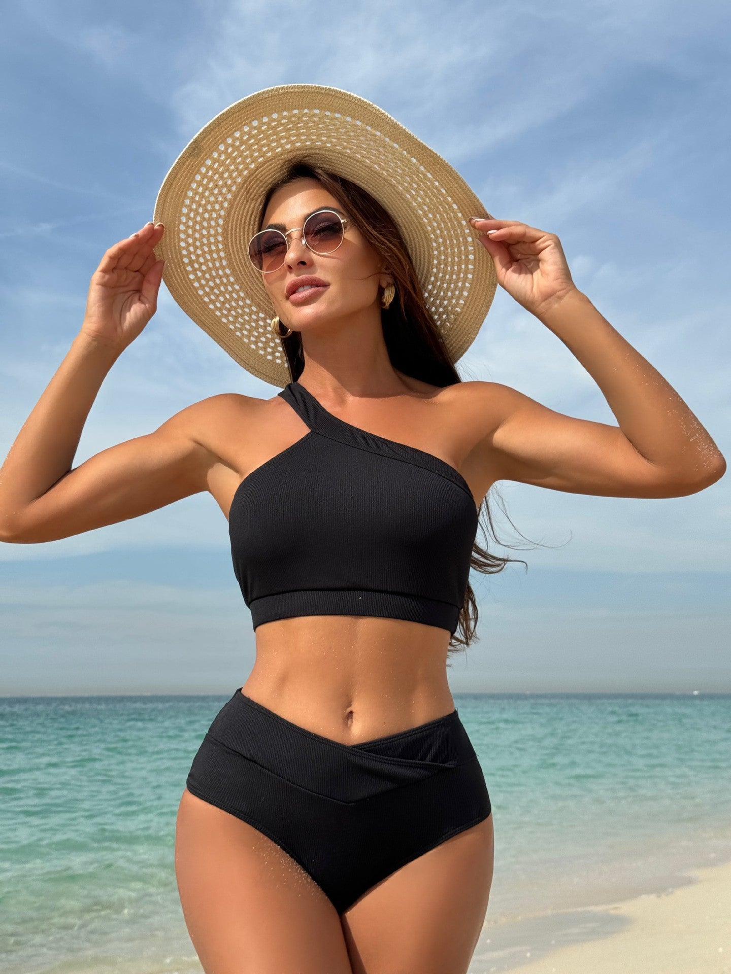 One-shoulder Split Sunken Stripe High Waist Swimsuit - Image 7