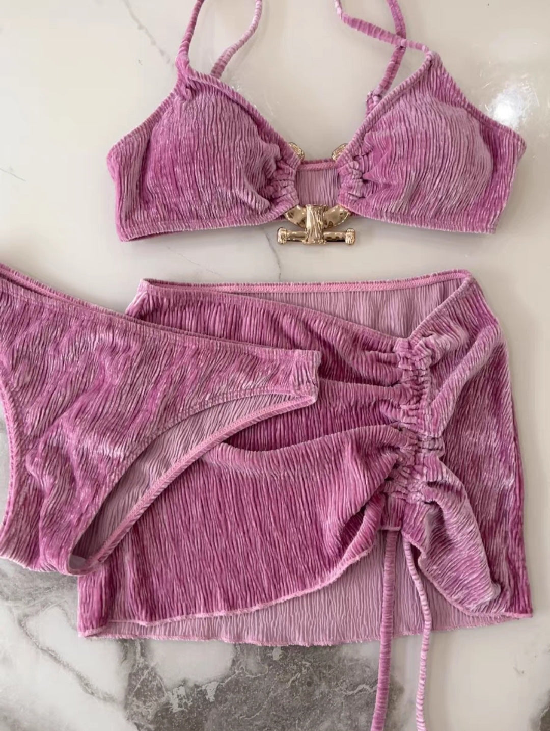 Velvet Pure Desire Bikini Net Red Thai Swimsuit Draw Rope Three-piece Set - Image 8