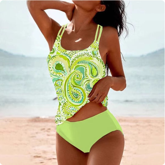 Retro Split High Waist Bikini Beach Print Strap Swimsuit - Image 15