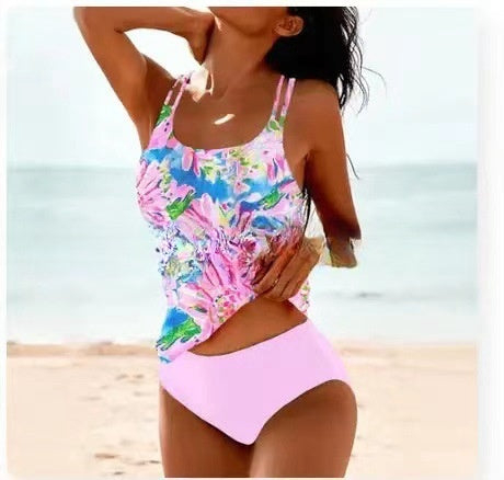 Retro Split High Waist Bikini Beach Print Strap Swimsuit - Image 10