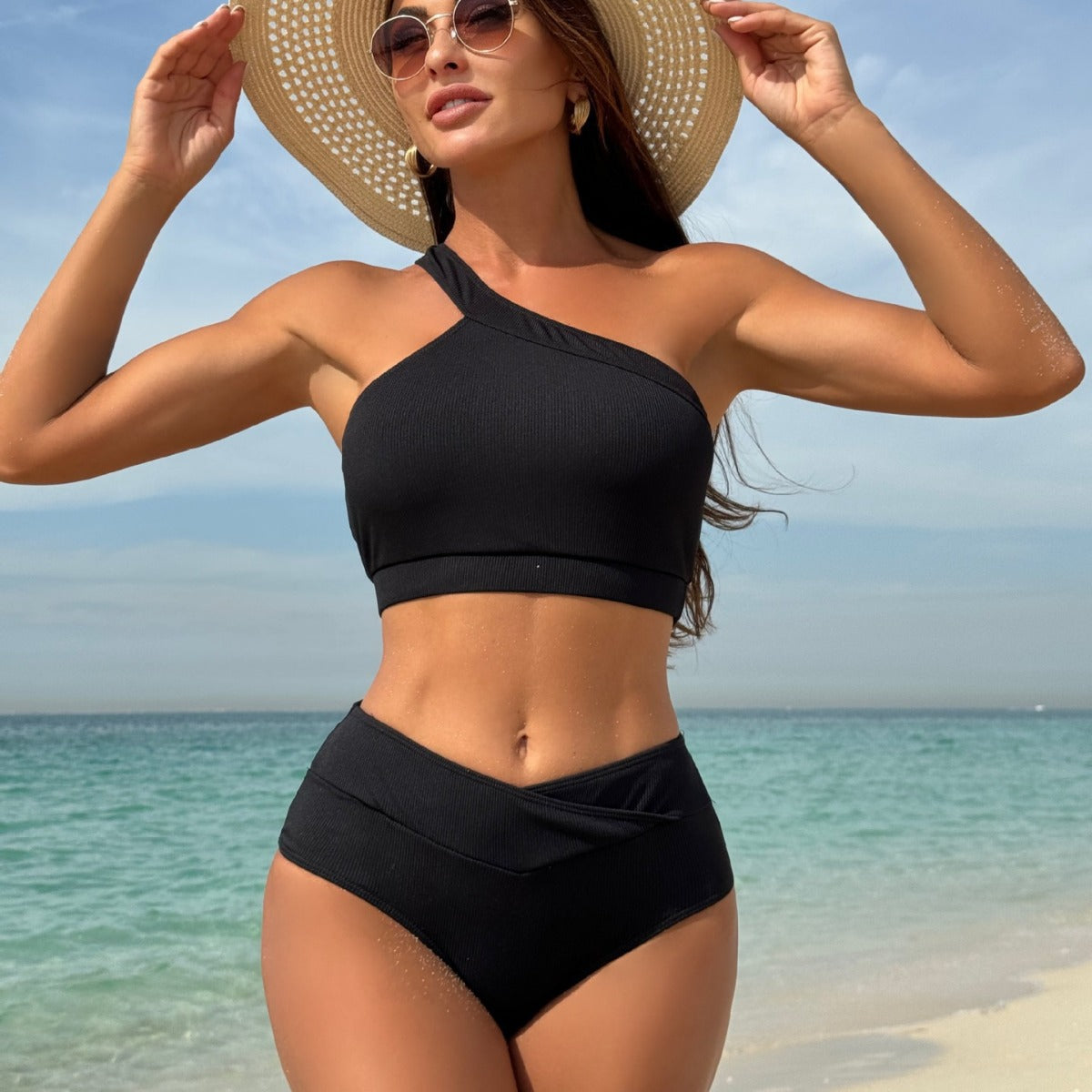 One-shoulder Split Sunken Stripe High Waist Swimsuit