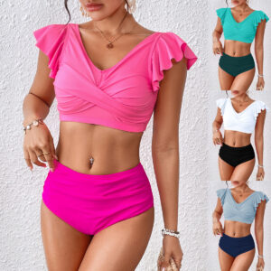 Split High Waist V-neck Ruffled Bikini Swimsuit