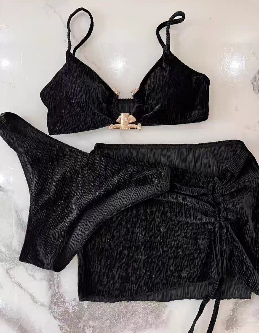 Velvet Pure Desire Bikini Net Red Thai Swimsuit Draw Rope Three-piece Set - Image 4